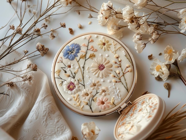 haftowane kwiaty na tamborku